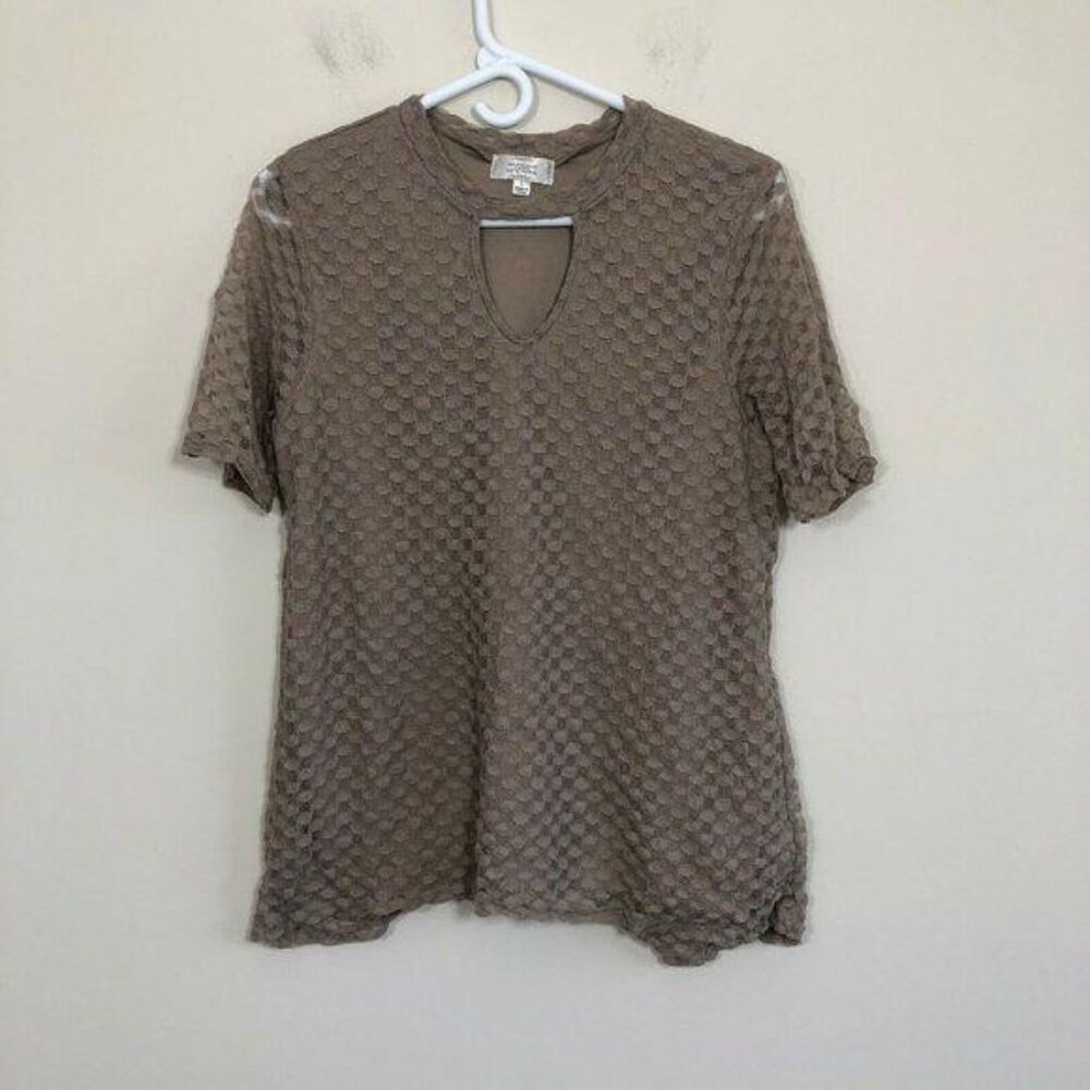 Shannon Ford Top Women Size L Brown Lace Overlay Short Sleeve Keyhole Neckline T